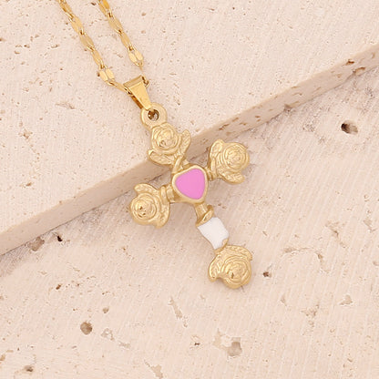 Fashion Cross Heart Shape Flower Stainless Steel Pendant Necklace Dripping Oil No Inlaid Stainless Steel Necklaces