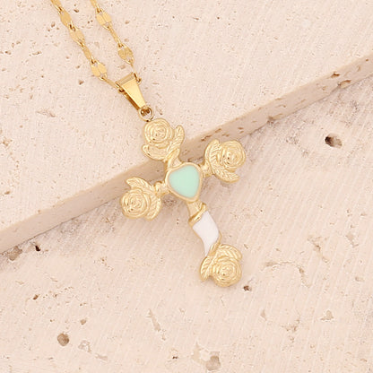 Fashion Cross Heart Shape Flower Stainless Steel Pendant Necklace Dripping Oil No Inlaid Stainless Steel Necklaces