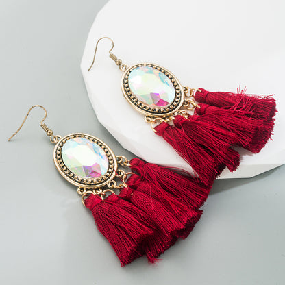 1 Pair Retro Ethnic Style Oval Tassel Tassel Plating Inlay Alloy Glass Drop Earrings