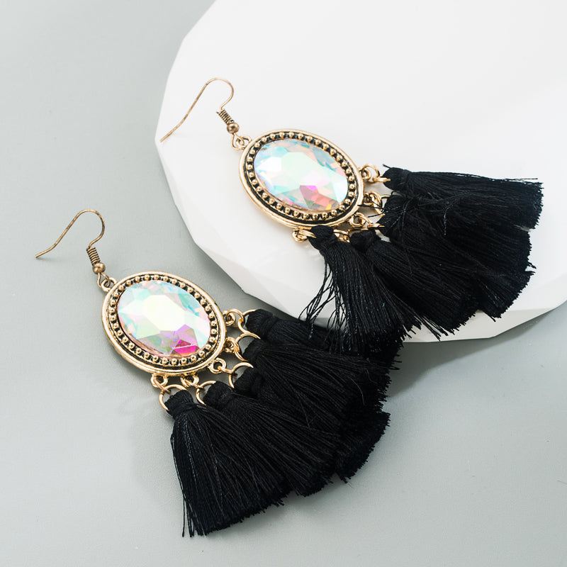 1 Pair Retro Ethnic Style Oval Tassel Tassel Plating Inlay Alloy Glass Drop Earrings