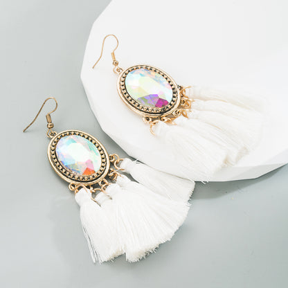 1 Pair Retro Ethnic Style Oval Tassel Tassel Plating Inlay Alloy Glass Drop Earrings