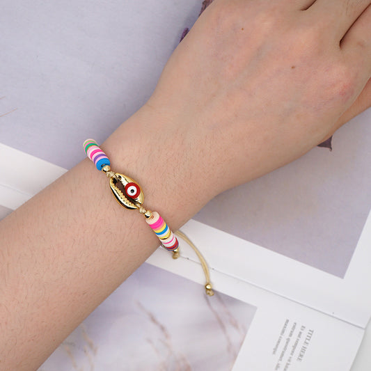 Bracelet Female Simple Bohemian Beach Wind Natural Shell Oil Drop Evil Eye Hand-woven Ceramic Mud Piece Friendship Rope