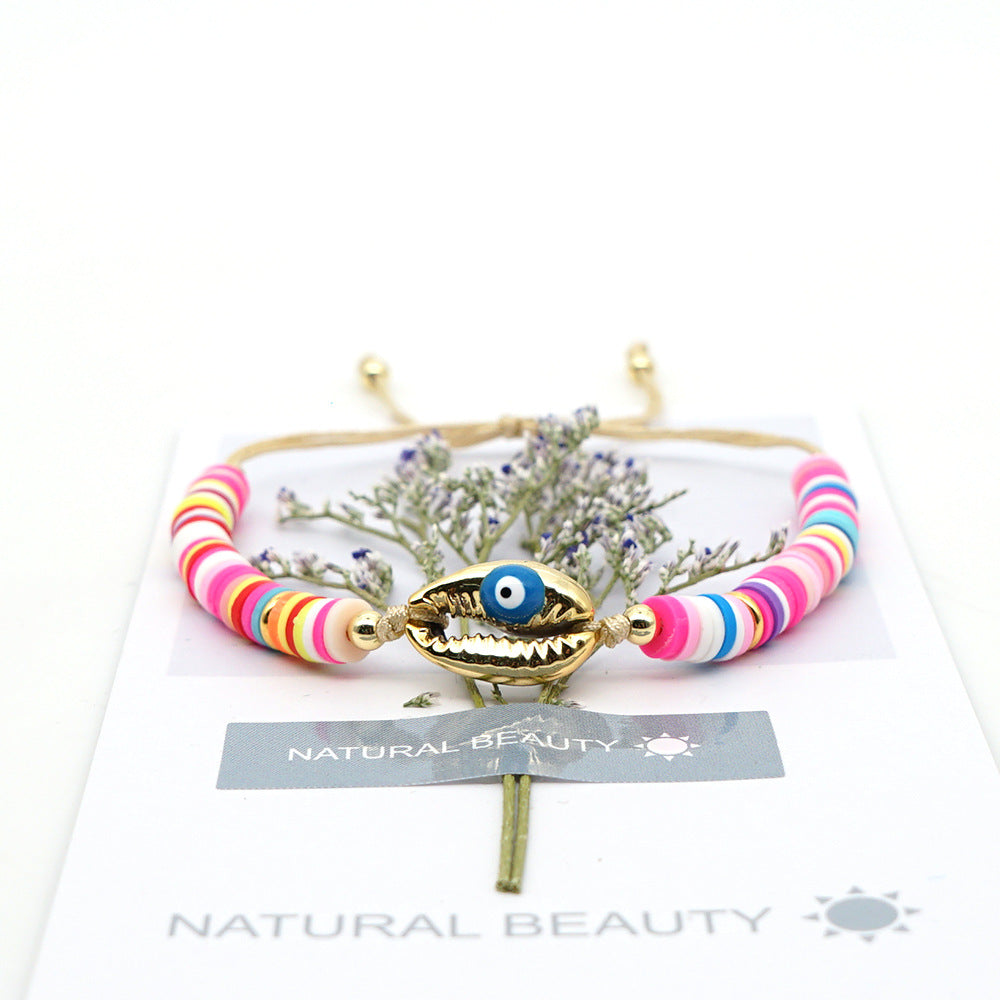 Bracelet Female Simple Bohemian Beach Wind Natural Shell Oil Drop Evil Eye Hand-woven Ceramic Mud Piece Friendship Rope