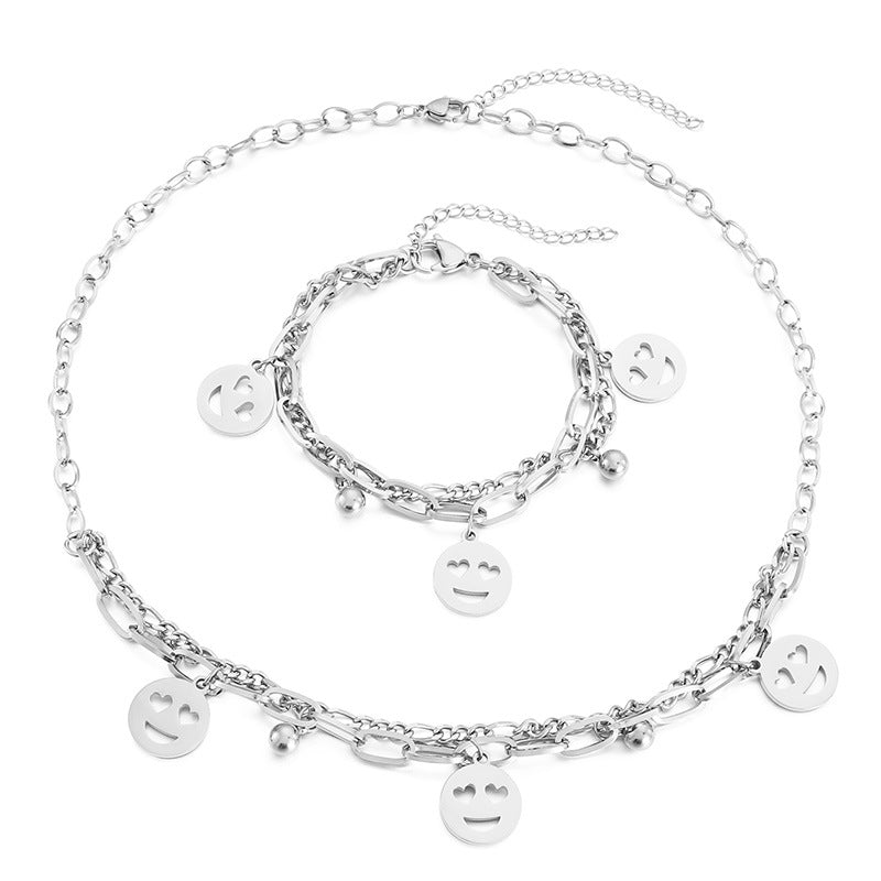 Fashion Emoji Face Stainless Steel No Inlaid Bracelets Necklace 2 Pieces