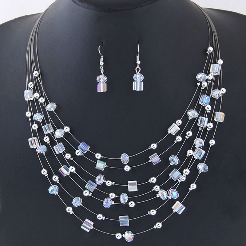 Bohemian Geometric Resin Inlaid Crystal Layered Necklaces Earrings 1 Set
