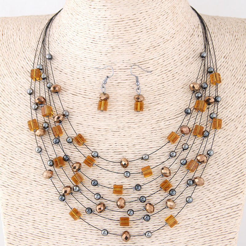 Bohemian Geometric Resin Inlaid Crystal Layered Necklaces Earrings 1 Set