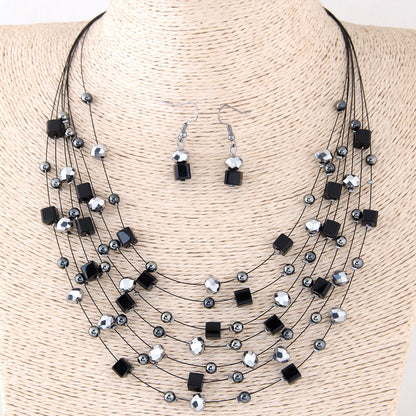 Bohemian Geometric Resin Inlaid Crystal Layered Necklaces Earrings 1 Set