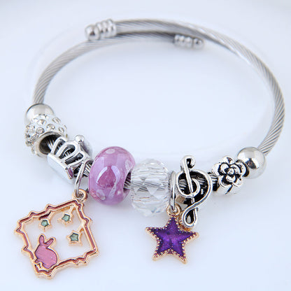 Cute Pentagram Crown Notes Steel Bangle Beaded Stainless Steel Bracelets