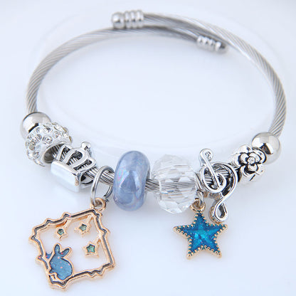 Cute Pentagram Crown Notes Steel Bangle Beaded Stainless Steel Bracelets