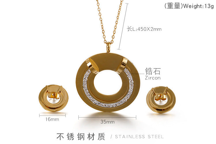 European And American Fashion Gold Plated Titanium Steel Accessories Diamond Studded Hollow Women's Jewelry Necklace And Earrings Suite Factory Wholesale