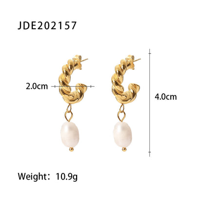 Fashion Geometric Stainless Steel Gold Plated Freshwater Pearl Gold Plated Drop Earrings