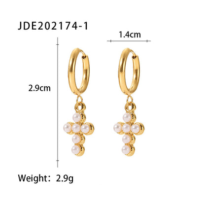 Fashion Cross Stainless Steel Earrings Inlay Artificial Pearls Zircon Stainless Steel Earrings