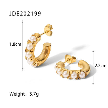 Retro C Shape Inlay Stainless Steel Pearl Gold Plated Earrings