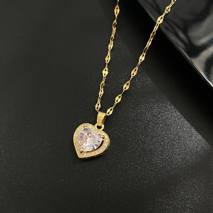 Fashion Geometric Heart Shape Titanium Steel Pendant Necklace Chain Diamond Stainless Steel Necklaces