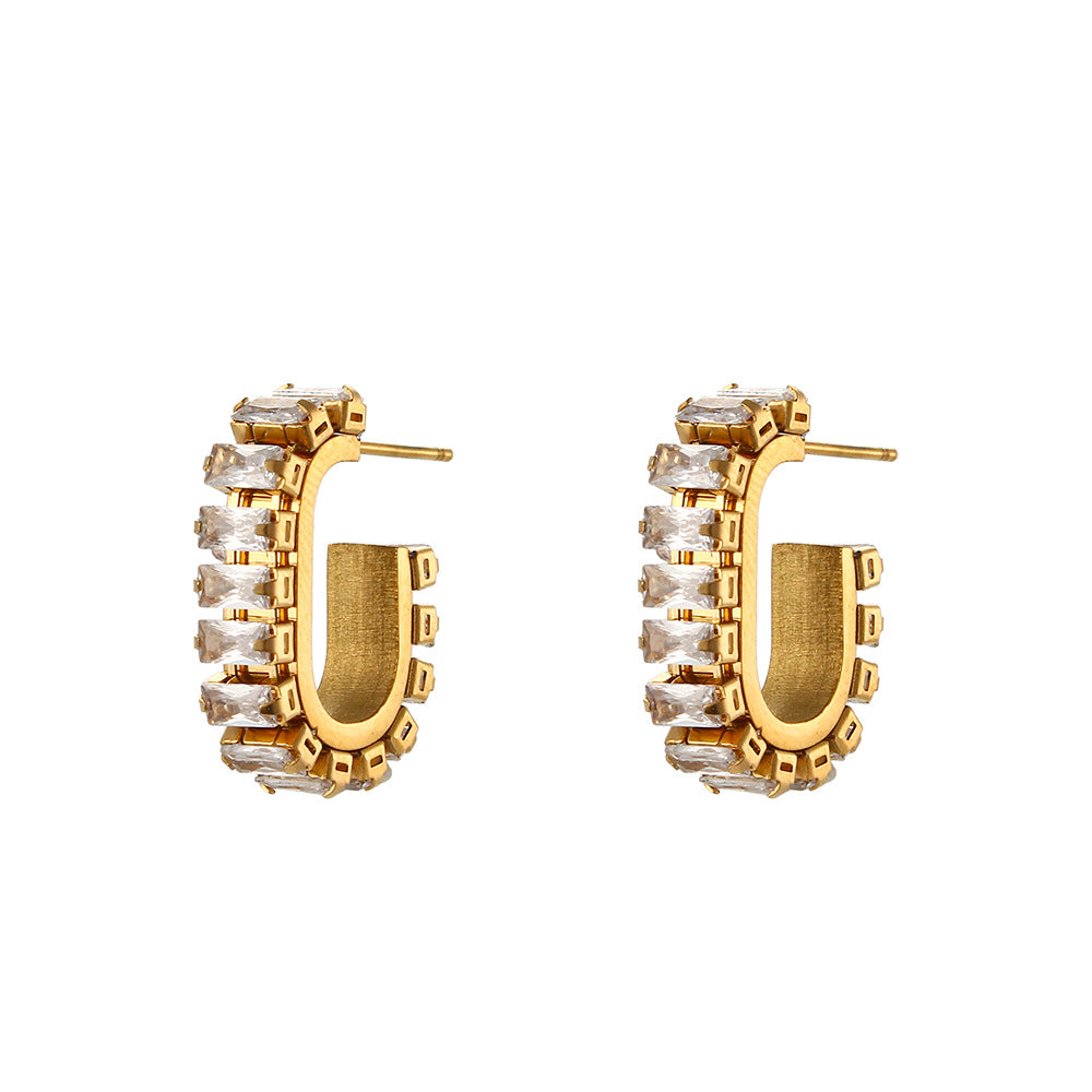 Fashion C Shape Plating Stainless Steel Zircon Gold Plated Earrings