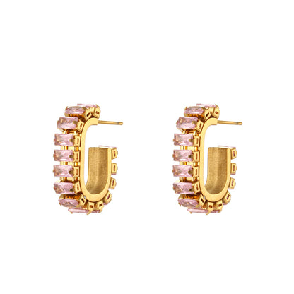 Fashion C Shape Plating Stainless Steel Zircon Gold Plated Earrings