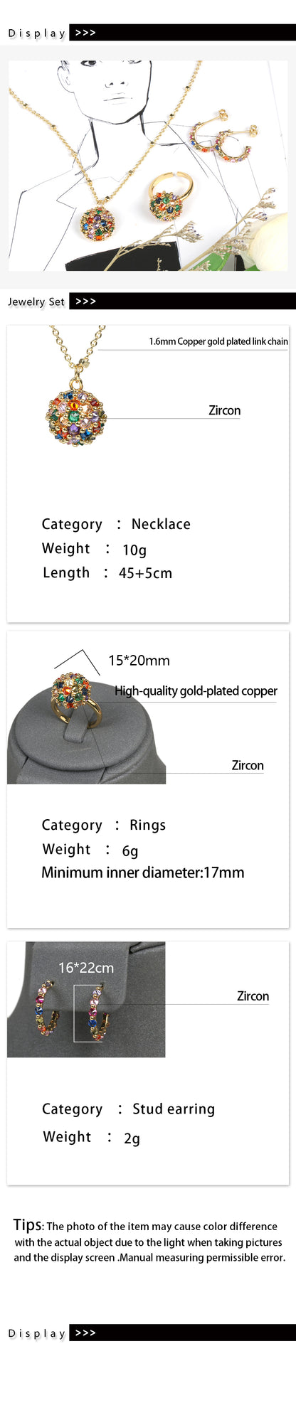 Luxurious Geometric Copper Inlay Zircon Rings Earrings Necklace