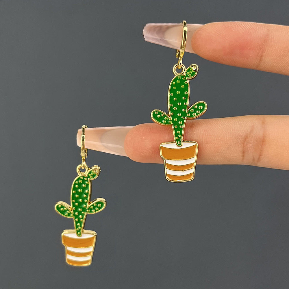 Retro Cactus Leaf Flower Enamel Alloy Earrings