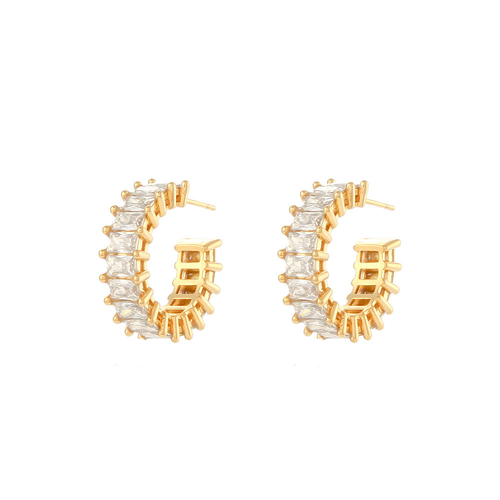 Luxurious C Shape Plating Stainless Steel Zircon Gold Plated Earrings