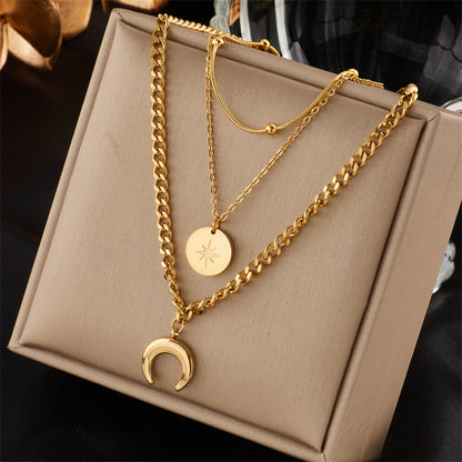 Vintage Style Star Moon Stainless Steel Layered Necklaces Gold Plated Stainless Steel Necklaces