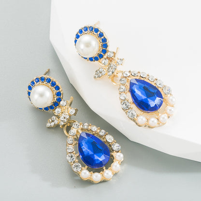 Fashion Water Droplets Alloy Inlay Rhinestone Pearl Drop Earrings