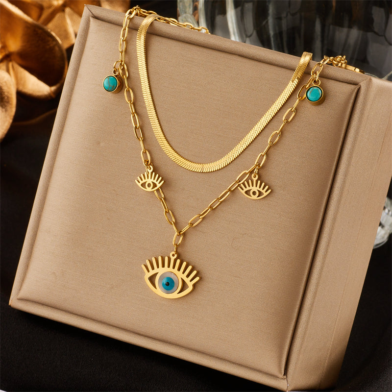 Vintage Style Eye Stainless Steel Layered Necklaces Gold Plated Turquoise Stainless Steel Necklaces