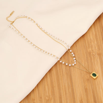 Fashion Square Stainless Steel Layered Necklaces Gold Plated Pearl Stainless Steel Necklaces 1 Piece