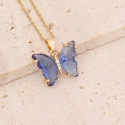 Fairy Style Butterfly Stainless Steel Necklace Inlay Crystal Stainless Steel Necklaces 1 Piece