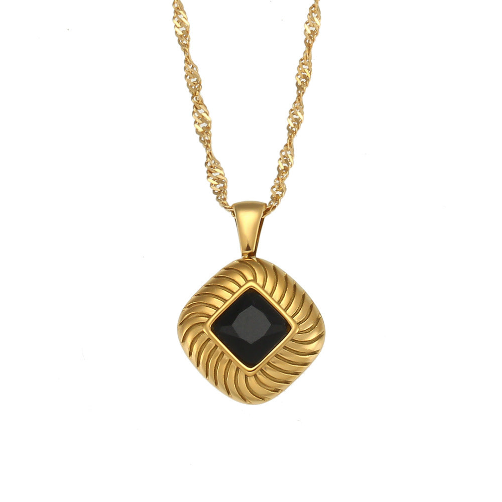 Retro Square Stripe Stainless Steel Necklace Inlaid Zircon Stainless Steel Necklaces