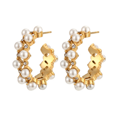 Elegant C Shape Inlay Stainless Steel Artificial Pearls Zircon Gold Plated Earrings