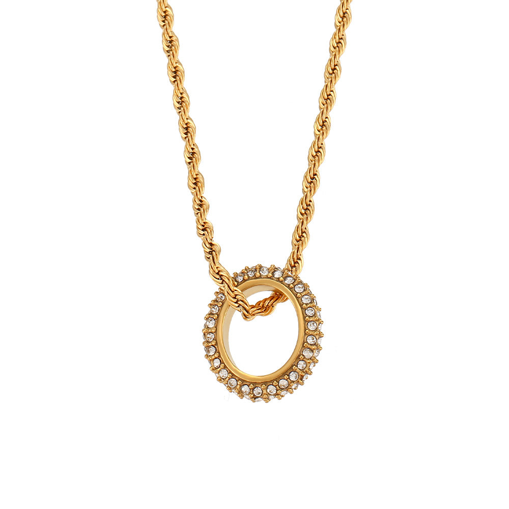 Basic Round Stainless Steel Inlaid Zircon Gold Plated Necklace