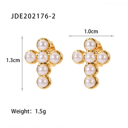 Fashion Cross Stainless Steel Earrings Plating Pearl Zircon Stainless Steel Earrings