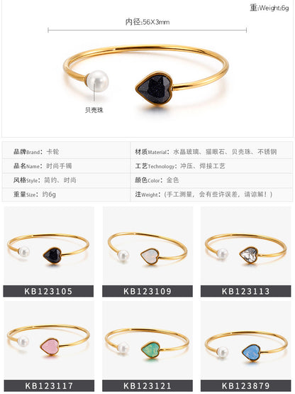 Korean Jewelry Golden Pearl Heart Glass Stone Opening Titanium Steel Bracelet Wholesale