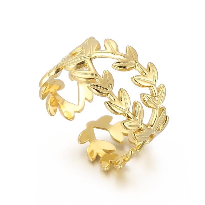 Fashion Geometric Leaves Titanium Steel Rings Plating Metal Rhinestone Stainless Steel Rings