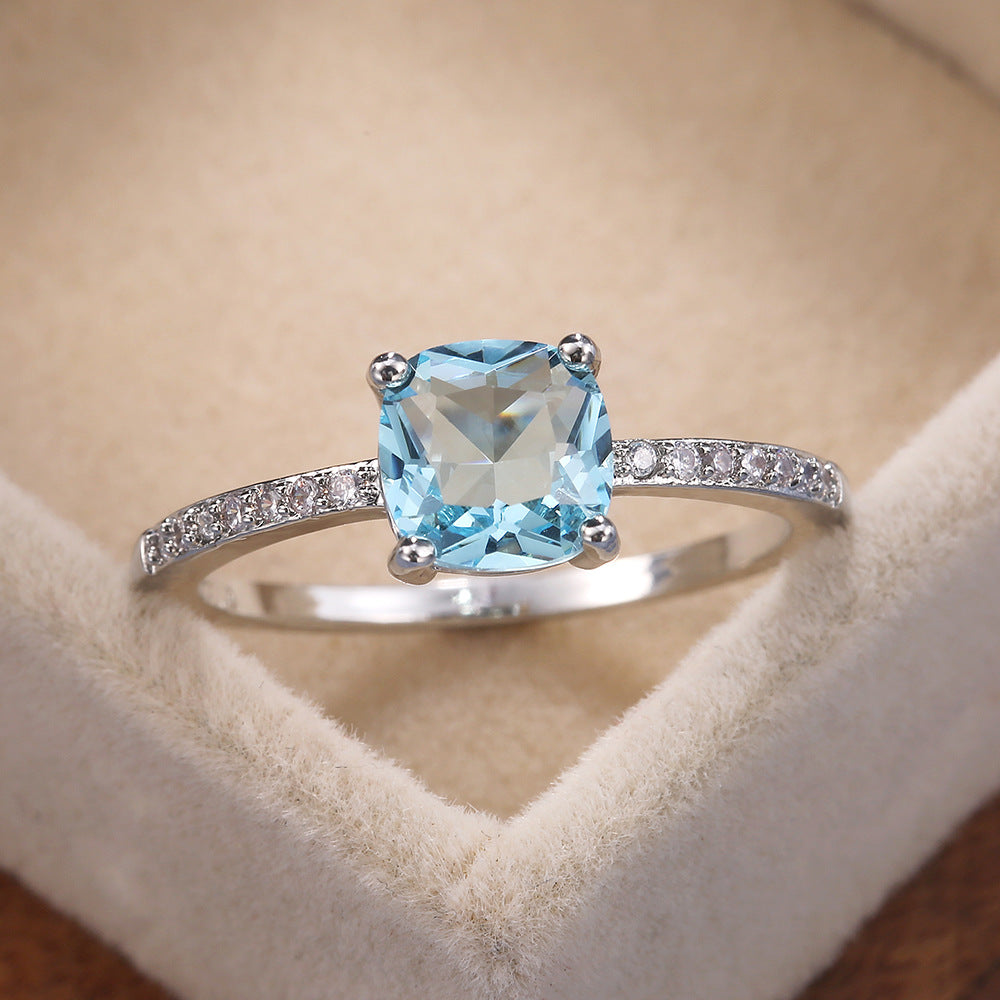 Fashion Micro-encrusted Zircon Sapphire Blue Square Diamond Copper Ring Female