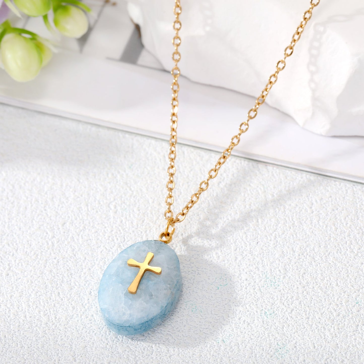 Simple Style Cross Water Droplets Lightning Stainless Steel Pendant Necklace Plating Natural Stone Stainless Steel Necklaces 1 Piece