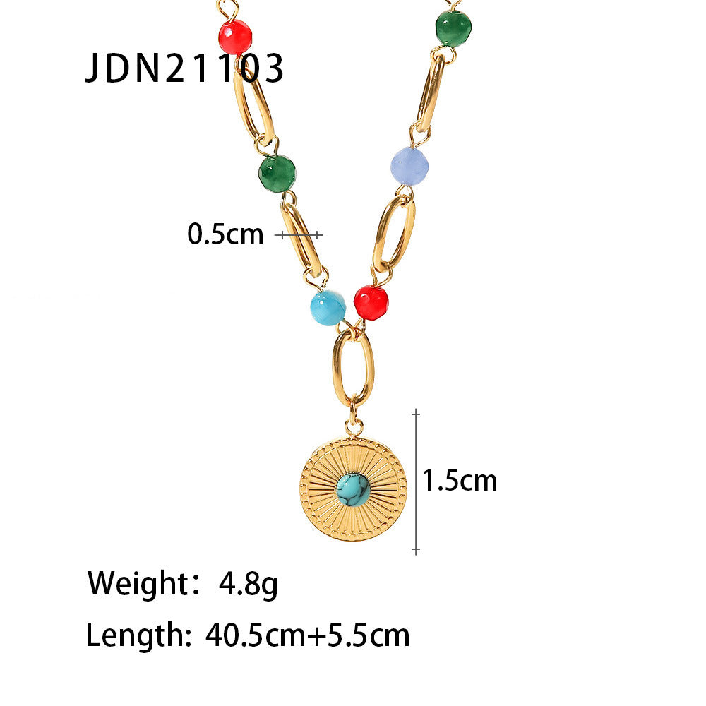 Fashion Round Stainless Steel Pendant Necklace Gold Plated Inlay Turquoise Stainless Steel Necklaces