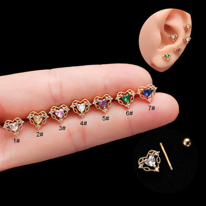 Fashion Heart Shape Titanium Steel Plating Zircon Ear Studs 1 Piece