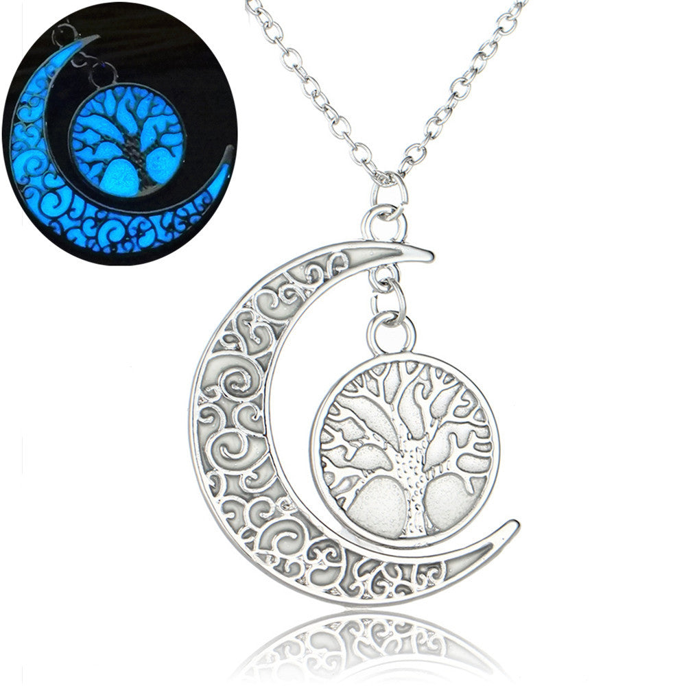 Best Seller In Europe And America Hollow Lucky Tree Moon Noctilucent Necklace Halloween Fluorescent Pendant Christmas Gift