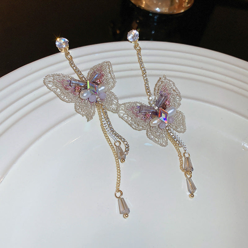 Simple Style Butterfly Alloy Inlay Rhinestones Pearl Drop Earrings 1 Pair