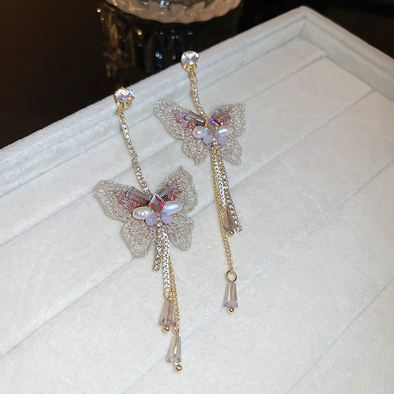 Simple Style Butterfly Alloy Inlay Rhinestones Pearl Drop Earrings 1 Pair