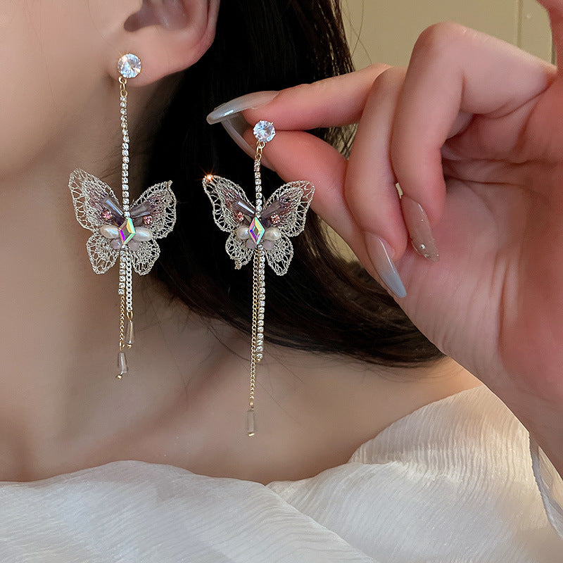 Simple Style Butterfly Alloy Inlay Rhinestones Pearl Drop Earrings 1 Pair