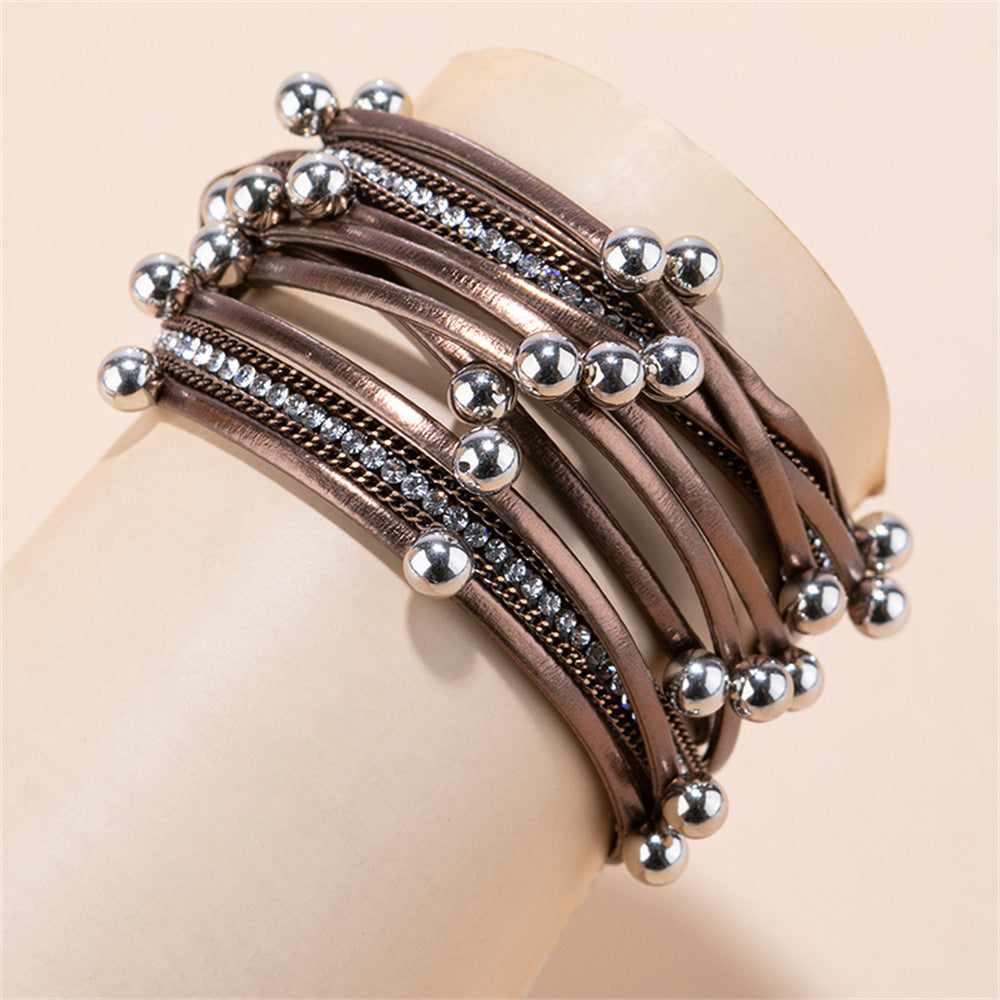 Fashion Irregular Pu Leather Layered Rhinestones Bracelets