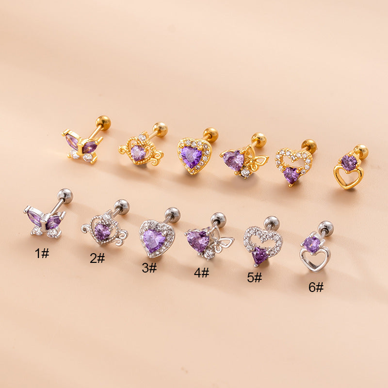 Fashion Heart Shape Butterfly Stainless Steel Ear Studs Plating Zircon Stainless Steel Earrings 1 Piece