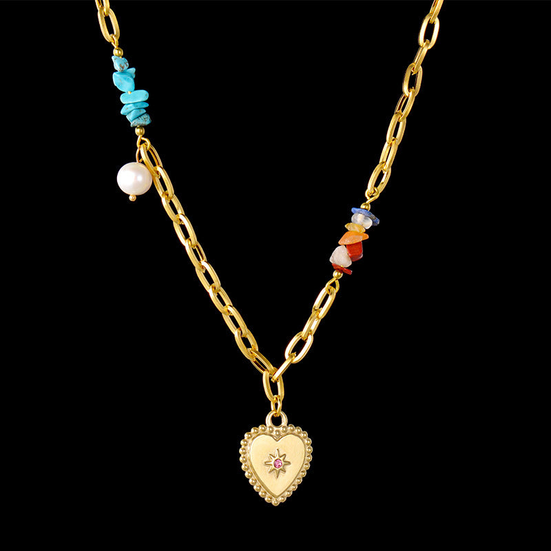 Fashion Heart Shape Stainless Steel Pendant Necklace Plating Natural Stone Stainless Steel Necklaces