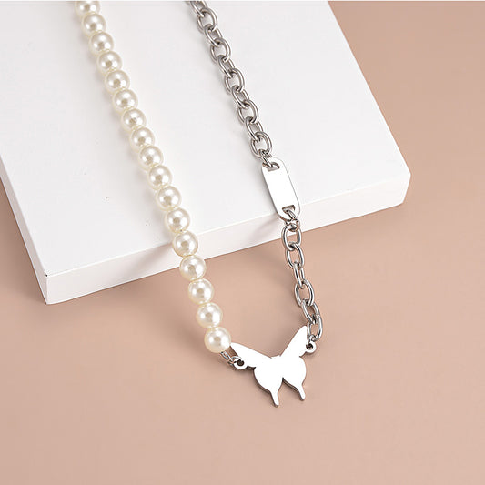 Simple Style Butterfly Stainless Steel Choker Patchwork Pearl Stainless Steel Necklaces