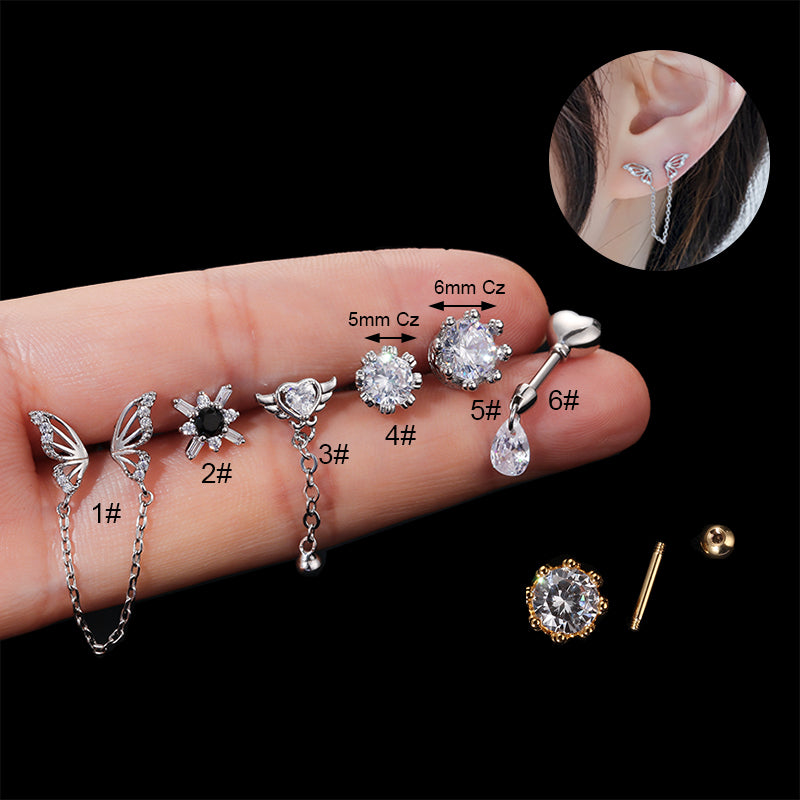 Fashion Heart Shape Butterfly Stainless Steel Ear Studs Inlay Zircon Stainless Steel Earrings 1 Piece