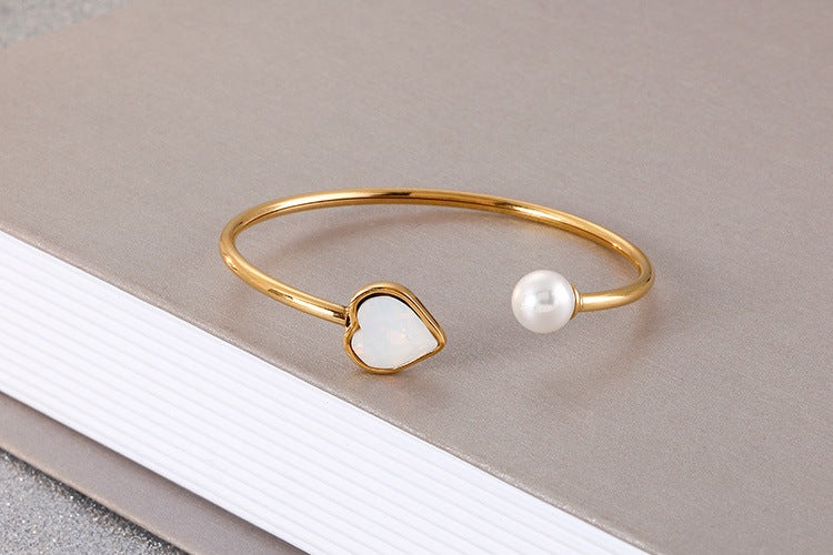 Korean Jewelry Golden Pearl Heart Glass Stone Opening Titanium Steel Bracelet Wholesale