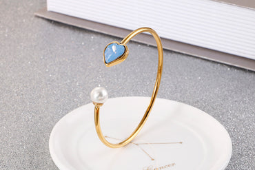 Korean Jewelry Golden Pearl Heart Glass Stone Opening Titanium Steel Bracelet Wholesale