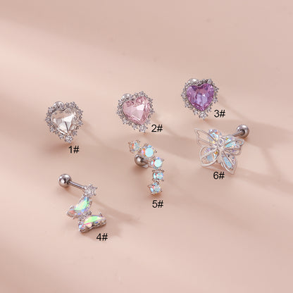 Fashion Heart Shape Butterfly Stainless Steel Inlay Zircon Ear Studs 1 Piece